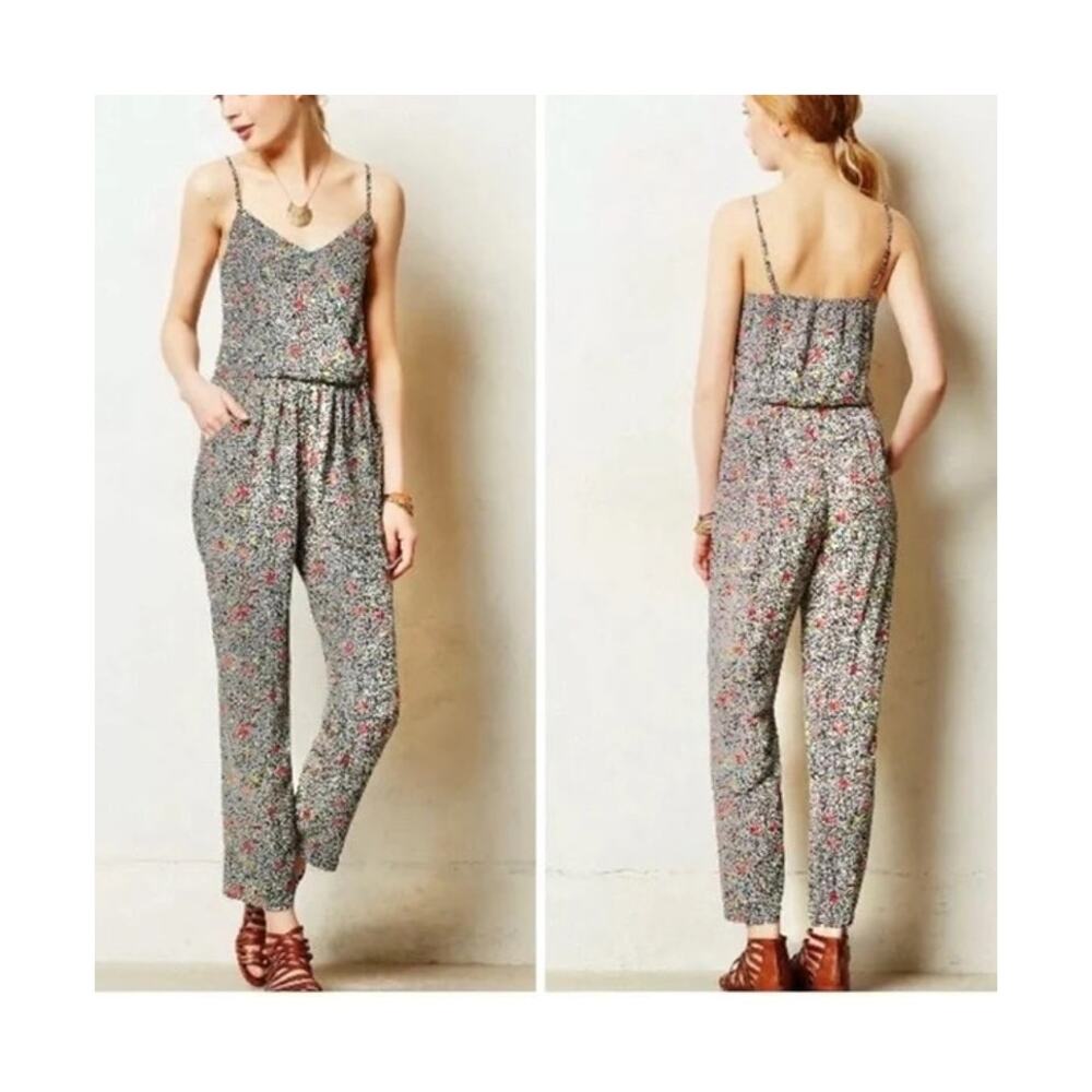 Anthropologie Elevenses Peonia Black Bold Printed Cami Slim Leg Blouson Jumpsuit